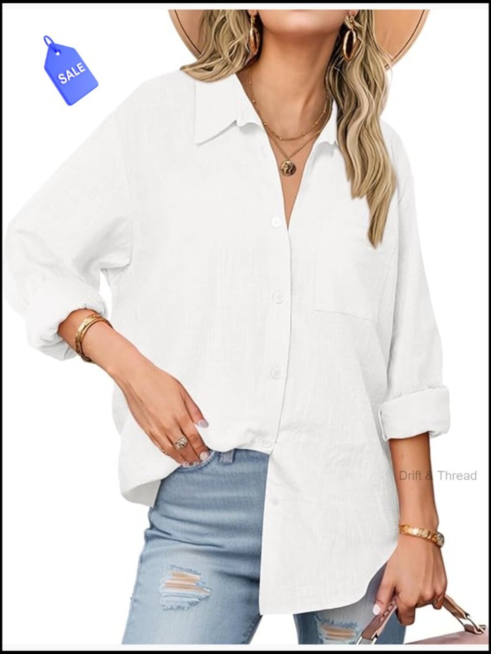 Long Sleeve Button Down Shirt Cotton Gauze Casual Collared Blouse Loose Fit
